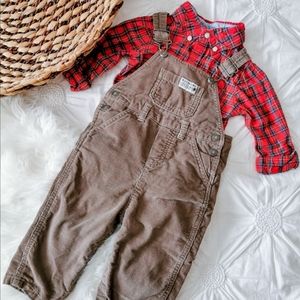 Holiday Outfit - Light Brown Corduroy Overalls & Red Plaid Onesie - 18-24 months